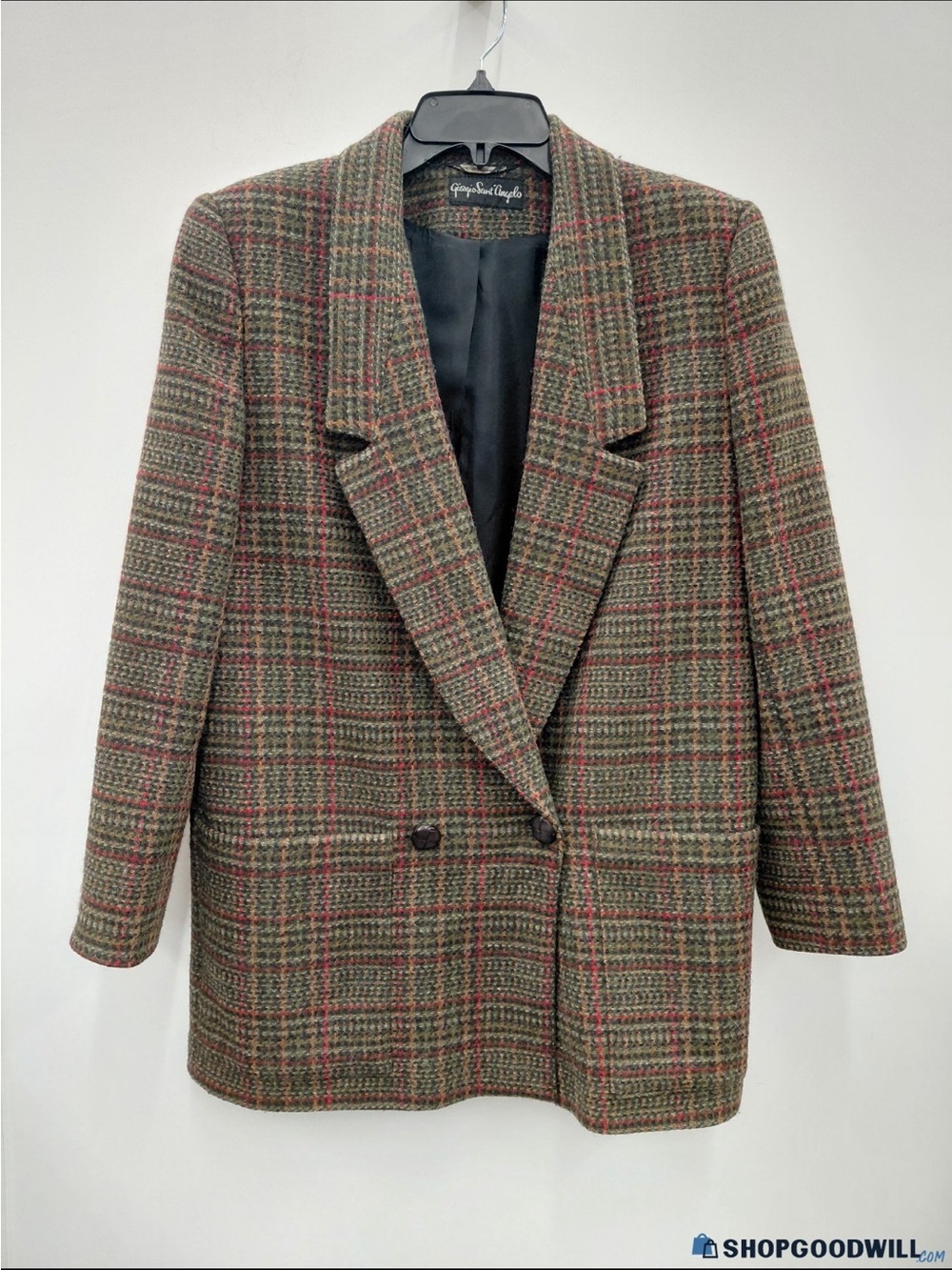 Plaid Wool-Blend Double-Breasted Blazer in Olive & Red